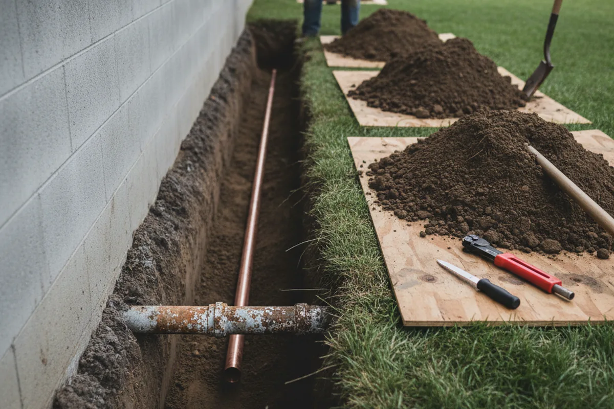 Excavated water line trench during Water Softener Installation in Bellefonte